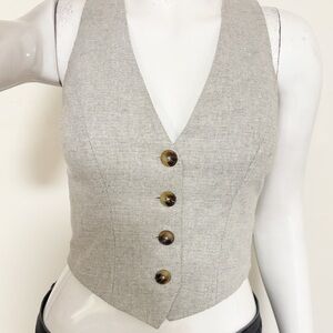 Reformation Taupe Gray Linen Button Down Cropped Vest